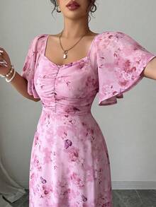 Women's Elegant Floral Print Short-Sleeve Dress - 2026 Spring & Summer New Style, Featuring A Stylish Square Neck, Ruffled Sleeves, And A Ruched High Waist Design, Slim-Fitting & Figure-Flattering, A Long Dress Suitable For Occasions Like Dates, Vacations, Spring Outings, And Back-To-School Season - Hồng - Xem 6