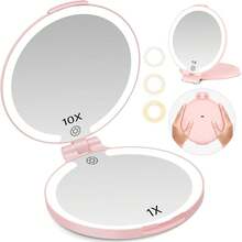 FUNTOUCH - Espejo de viaje con luz, 10 x 1 x doble cara, espejo de cambiador de maquillaje recargable con 3 ajustes de color, rotación ajustable LED espejo de computadora, color rosa - rosa - Ver 9