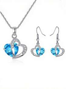 MONALLY 1 Set Romantic Heart-Shaped Crystal Earrings & Necklace Set, Women's Jewelry Silver Heart Pendant Necklace, Heart Choker Necklace, Perfect Valentine's Day Gift, Women's Fashion Accessories - Jewelry Set - View 3