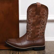 2026 Nuevas botas vaqueras de estilo occidental de color contrastante, botas altas vintage de hombre de color marrón con bordado de hilo dorado, botas de trabajo de punta afilada casuales de alto rendimiento, botas de montar al aire libre, zapatos altos de hombre, zapatos de cuero - Marrón - Ver 4