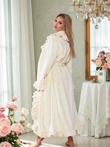 1pc Women's Ultra Soft Ruffle Ankle-Length Fleece Robe Thickened Ruffle Trim Fashion Sleepwear Robes With Side Pockets, Soft Warm Long Bathrobe, Plush Spa Robes Lounge Robe House Coats Sleepwear With Pockets - Multicolor - View 3