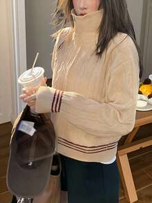 女式学院风翻领拉链针织开衫，秋冬 - 淺卡其 - 查看 3