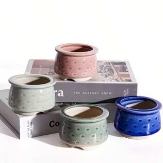 2pcs Random Color Creative Ceramic Flower Pots - Colorful Printed Pattern, Unique Asymmetrical Shape, Lightweight For Indoor/Outdoor Bonsai And Succulent Plants, Modern Home Decor, Unique Pattern Design, Smooth Glazed Finish