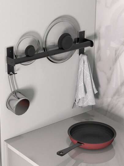 1pc Wall-Mounted Kitchen Storage Rack With Space-Saving Hooks For Pots, Pans, And Lids - Easy To Install, Kitchen Organization And Storage, Towel Rack, Perfect For Bathrooms And Kitchens.