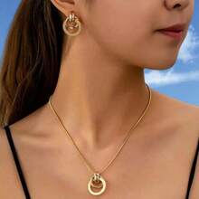 三件套奢华百搭不对称螺旋嵌套金属圆环吊坠项链耳环套装，时尚优雅简约风格，适合派对和日常佩戴。 - 金黃色 - 查看 1