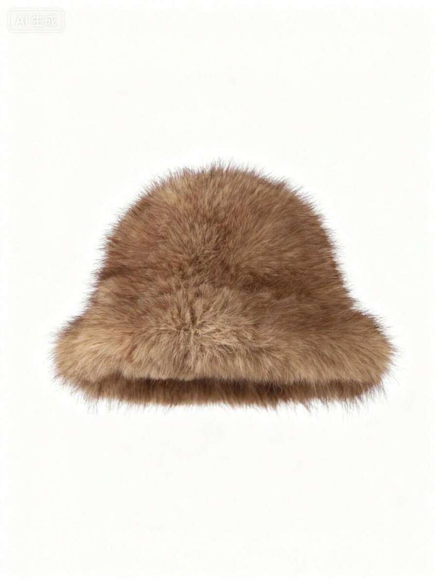 1pc Faux Fox Fur Bucket Hat, Faux Mink Fur Thick & Versatile Luxury Gift Cap