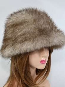 1pc Faux Fox Fur Bucket Hat, Faux Mink Fur Thick & Versatile Luxury Gift Cap