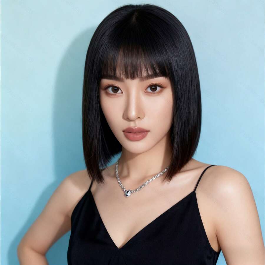 New Bobo Hairstyle Wig, Air Bangs Elegant Cosplay Short Straight Hair Full Wig Set