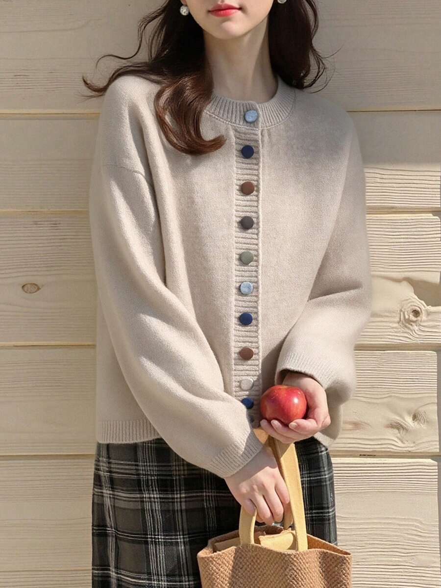 Alicedudu 女士彩色纽扣设计圆领开衫，秋冬 - 杏色 - 查看 1