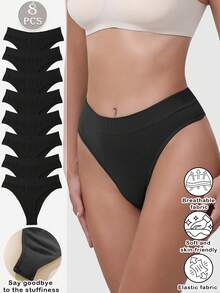 8pcs/Pack Women's Seamless High Waist Sexy Thong Panties, Lifting Triangle Briefs Underwear - Black - View 7