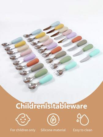 3pcs/Set Baby Silicone Short Handle 304 Stainless Steel Spoon, Fork, Knife Cutlery Set, Suitable For Baby Daily Training And Feeding