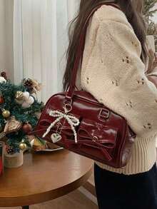 1个女士春夏时尚手提包，多功能大容量多口袋通勤包，适合音乐节、派对、送礼（附赠吊坠） - 酒紅色 - 查看 1