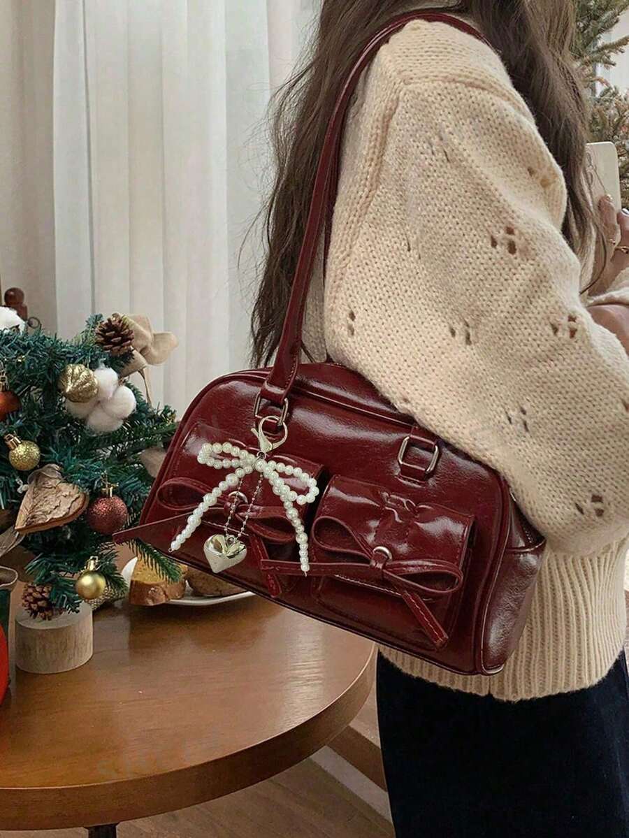 1个女士春夏时尚手提包，多功能大容量多口袋通勤包，适合音乐节、派对、送礼（附赠吊坠） - 酒紅色 - 查看 1