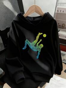 一件装青少年男童加厚保暖连帽衫，学生服装，适合儿童，时尚/街头/运动风格，秋冬长袖上衣 - 黑色 - 查看 1