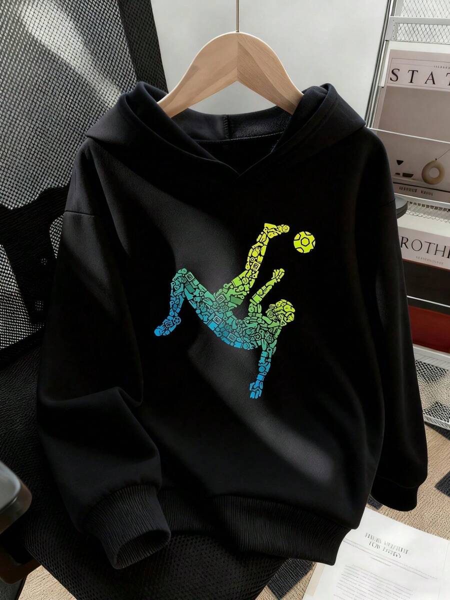 一件装青少年男童加厚保暖连帽衫,学生服装,适合儿童,时尚/街头/运动风格,秋冬长袖上衣 - 黑色 - 查看 1