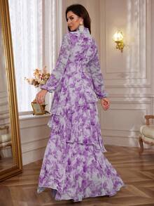 Vestido elegante de mujer con estampado floral, cuello alto, mangas farol, volantes en el bajo, para fiesta, boda, vacaciones, primavera - Morado - Ver 2
