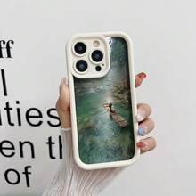 Cubierta de telefono con borde negro diseño paisaje natural con barca y rio para iPhone 14 Pro Max funda protectora estilo minimalista ideal para uso diario y viajes - Blanco - Ver 1