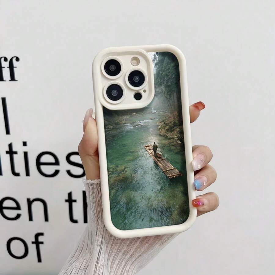 Cubierta de telefono con borde negro diseño paisaje natural con barca y rio para iPhone 14 Pro Max funda protectora estilo minimalista ideal para uso diario y viajes - Blanco - Ver 1