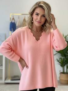 كنزة صوفية كاجوال أنيقة للنساء، رقبة طاقم من الدانتيل، لون أحادي، شتوي