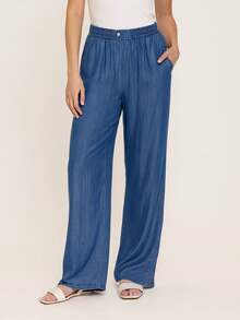 MODA MO, REF: AS1710 - Women's High-Waisted, Slim-Fit Jeans, Straight Leg With Elastic Waistband, Decorative Metal Buttons At The Waist, Pockets, Non-Stretch Fabric, Lightweight And Comfortable, Suitable For Casual Occasions. - Xanh đậm - Xem 2