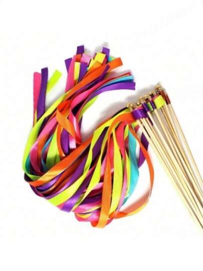 50/20pcs Colorful Stain Ribbon Wedding Stick Mixed Color Wedding Wands With Gold Bells For Wedding Decoration