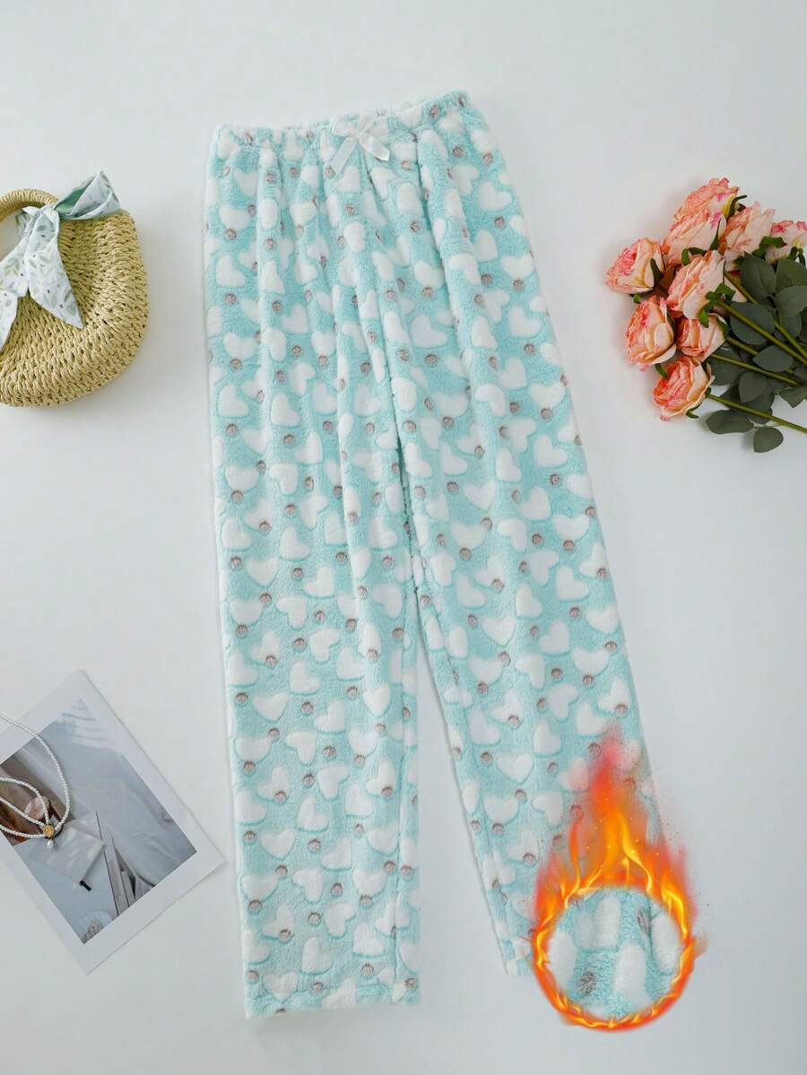 1pc Women's Soft & Comfortable Flannel Lined Pajama Pants With Cute Heart, Peach Heart & Star Prints, Suitable For Autumn/Winter - 淺藍色 - 查看 1