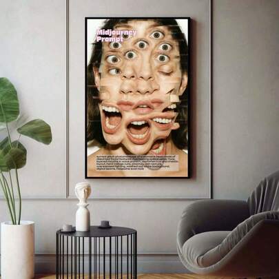 1幅无框墙面艺术海报，抽象多面人脸、眼睛和嘴巴图案，超现实主义故障艺术肖像风格装饰海报，绘画作品，艺术爱好者的礼物，适用于房间装饰、墙面艺术、浴室装饰、办公室、卧室、商业推广