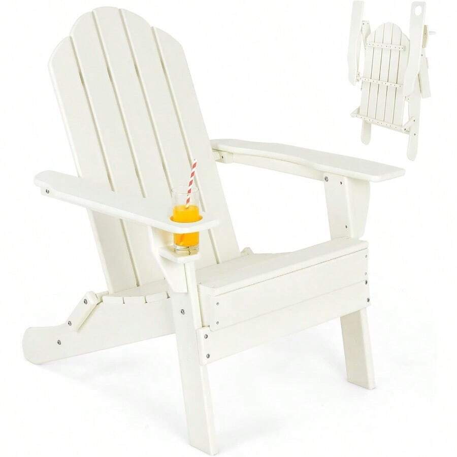 Outdoor Folding Adirondack Chair Weather Resistant Plastic Lounger With Cup Holder All-Weather Chair For Fire Pit Patio And Backyard White - White - View 1