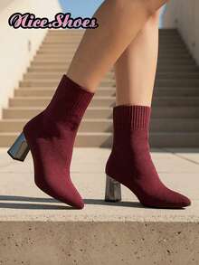 Bottes à talon épais à bout pointu pour femmes 2025, bottes slim élastiques, convenant au printemps, à l'automne, à l'hiver et à toutes les saisons, bottes à talons hauts, type, bottes chaudes noires, bottes à talon épais mi-mollet à talons hauts, chaussures à talons hauts confortables et à bout pointu, bottes élégantes casual, bottes noires, bottes rouges, bottes marron, bottes café, bottes kaki, bottes marron - Rouge foncé - Voir 4