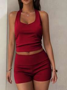 Conjunto feminino casual esportivo de 2 peças, composto por regata e shorts, com listras coloridas. - Borgonha - Ver 7