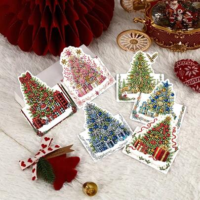 6 szt./zestaw (11,8*14,5 cm/4,65*5,70 cala) Wzór świąteczny DIY Diamentowe Malowanie Kolorowa Składana Karta Okolicznościowa 3D, Biała Strona Wewnętrzna Nadaje Się Do Rysowania i Pisania, Ciepły Prezent Dla Przyjaciół I Rodziny, Zaproszenia, Unikalny Zestaw Do Rękodzieła DIY, Piękna Kartka Podarunkowa na Święta