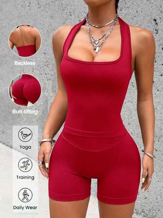 Aoqta Sports 女士两件套休闲纯色露背吊带背心和修身短裤套装，适合运动、跑步、健身和瑜伽