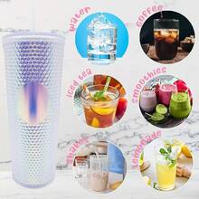 Vaso Texturizado Prismas Neón Durian de Doble Pared con Tapa de Doble Rosca y Popote de 24 Onzas 710 ml (Sirena Fiusha Neon Rosa) - Sirena Fiusha - Ver 6