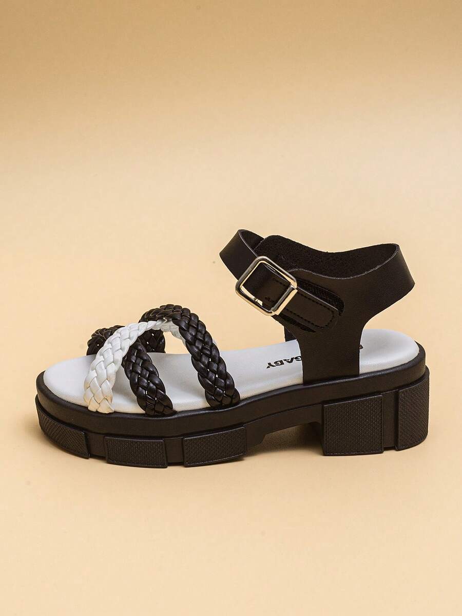 2026新款时尚儿童凉鞋，黑白配色，机械加厚鞋底，弹性踝带，防滑耐磨，波西米亚工业风凉鞋，街头时尚，艺术区，复古市集，夏季个性穿搭 - 黑與白 - 查看 1