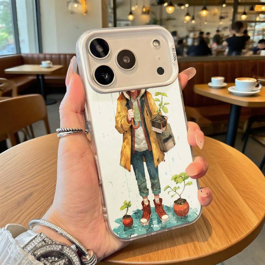 Funda de Teléfono Color Blanco Hombre de Plantas con Impresión de Plantas en Macetas y Gotas de Lluvia para iPhone 14 13 12 11 Pro Max y Galaxy S23 S22 S21 S20 Opción de Regalo Ideal para Todas las Estaciones - Plateado - Ver 1