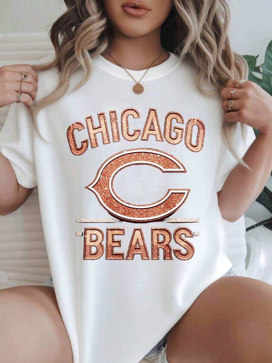 Women's Casual Short Sleeve T-Shirt - Chicago Glitter Bears Logo Print Round Neck Summer Top, Machine Washable, Ladies T Shirts, Casual Attire, Modern Look, Comfortable Fit-White - 白色 - 查看 1