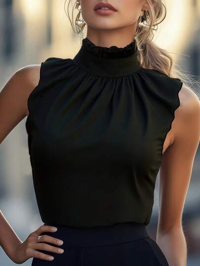 女士高领无袖衬衫 - 纯色不透明可机洗上衣，百搭修身款式，饰有纯色荷叶边蕾丝边/荷叶边下摆