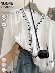 Blusa holgada de estilo bohemio con bordados vintage para mujer de talla grande, top de algodón semitransparente casual para primavera y otoño, blusa blanca - Blanco - Ver 7