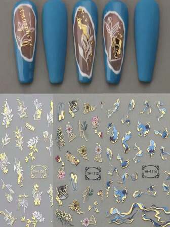 1片3D蓝色金色波浪线美甲贴纸大理石几何抽象金属条纹美甲滑块贴花箔片美甲装饰