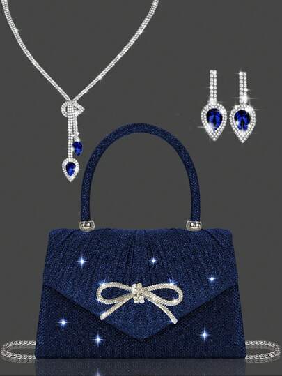闪亮优雅的迷你蝴蝶结女士晚宴包，搭配精致奢华的莱茵石手链、项链和耳环四件套，简约时尚的纯色褶皱翻盖手提包，适合节日派对、舞会、聚会、宴会、婚礼等场合。是新年最佳礼物。