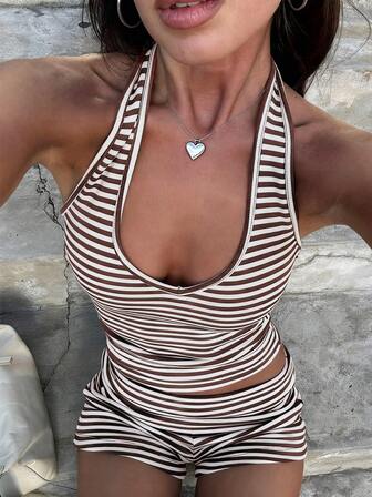 女士两件套运动休闲家居吊带背心短裤彩色条纹套装