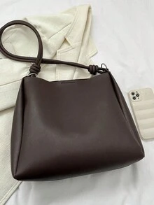 1pc Women's Fashion Casual Commuter Solid Color Shoulder Bag, Large Capacity Vintage Tote Bag Suitable For Dating, Outing, Travel - Coffee Brown - View 6