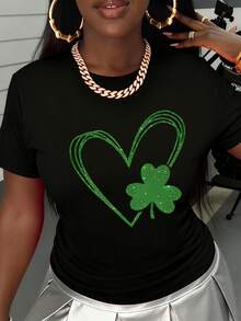 St Patrick's Day Green Heart And Clover T-Shirt Women's Festive Shamrock Design White Crewneck Top For St Patrick's Day Celebration - màu đen - Xem 2