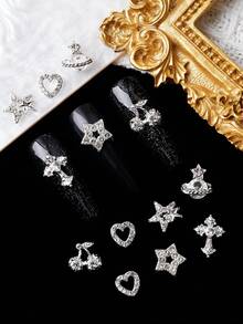 48件套Y2K风格银合金水晶水钻心形星星卫星十字架美甲装饰套装，暗黑亚文化炫目摇滚朋克3D美甲及手机壳装饰配件，手工DIY装饰，美甲饰品，美甲水钻及装饰礼品美甲用品 - 銀色 - 查看 2