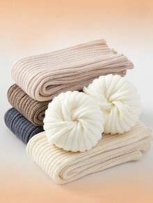 1 Pair Women's Solid Color Striped Thick Warm Decorative Casual Cute Knit Leg Warmers, Suitable For Spring, Autumn And Winter - Beige - View 6