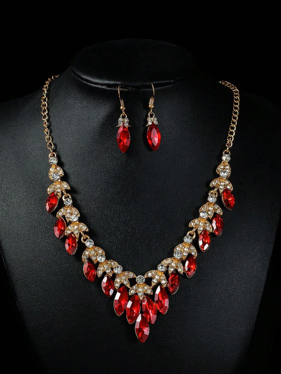 مجموعة قلادة وأقراط كريستال مبالغ فيها بطراز قديم، قلادة قصيرة، إكسسوارات موضة، أحمر، 2 قطعة - عين الحصان الحمراء - مشاهدة 1