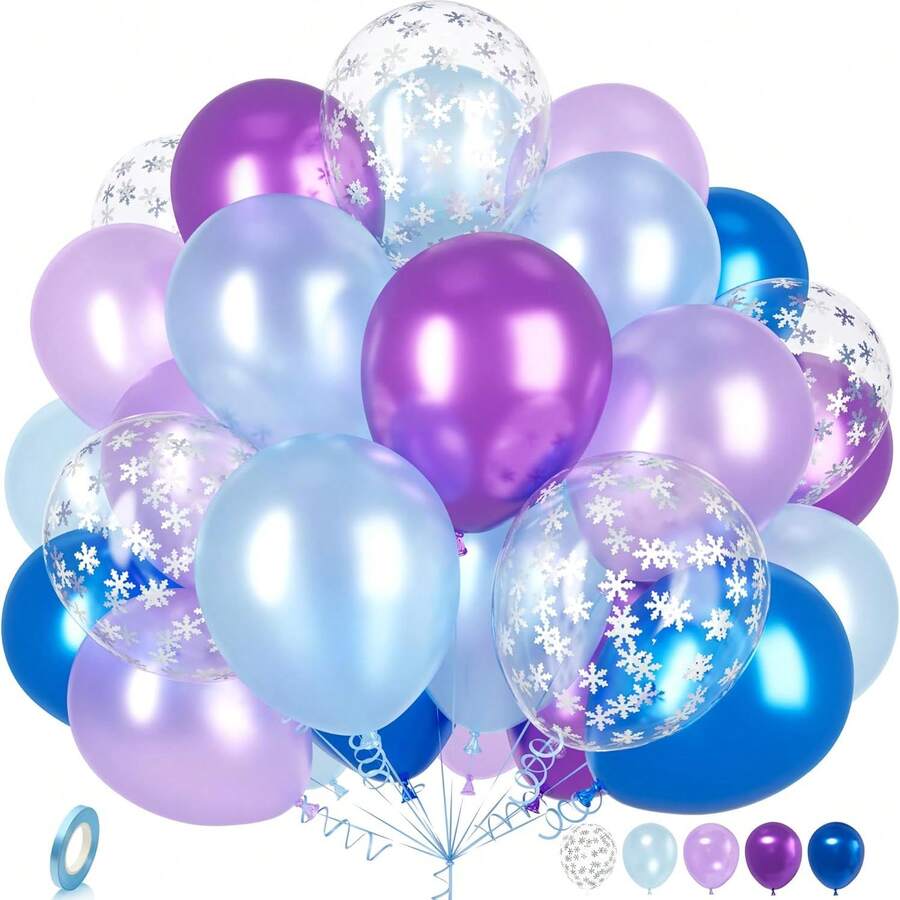 Blue Purple Frozen Balloons, 50/100/150/200pcs - 12 Inch Balloons Metallic Purple Blue Purple Latex Balloons Snowflake Silver Confetti Balloons For Birthday Wedding Anniversary Bridal Shower Graduation Baptism Gender Reveal Winter Woodland Frozen Party New Year Decorations - Blue and Purple Snowflake Sequins - View 1