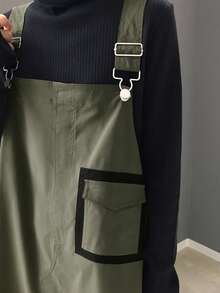 Livesso Váy dây phối màu thời trang nữ dáng rộng, thích hợp cho các buổi đi chơi mùa thu - màu xanh lá - Xem 5