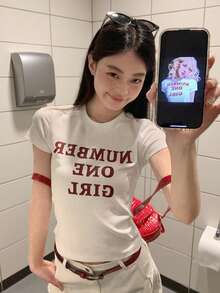 Petite 夏季新款简约短袖T恤女短款修身个性印花休闲圆领上衣韩版 - 白色 - 查看 1