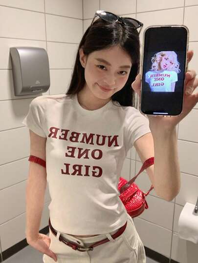 Petite 夏季新款简约短袖T恤女短款修身个性印花休闲圆领上衣韩版